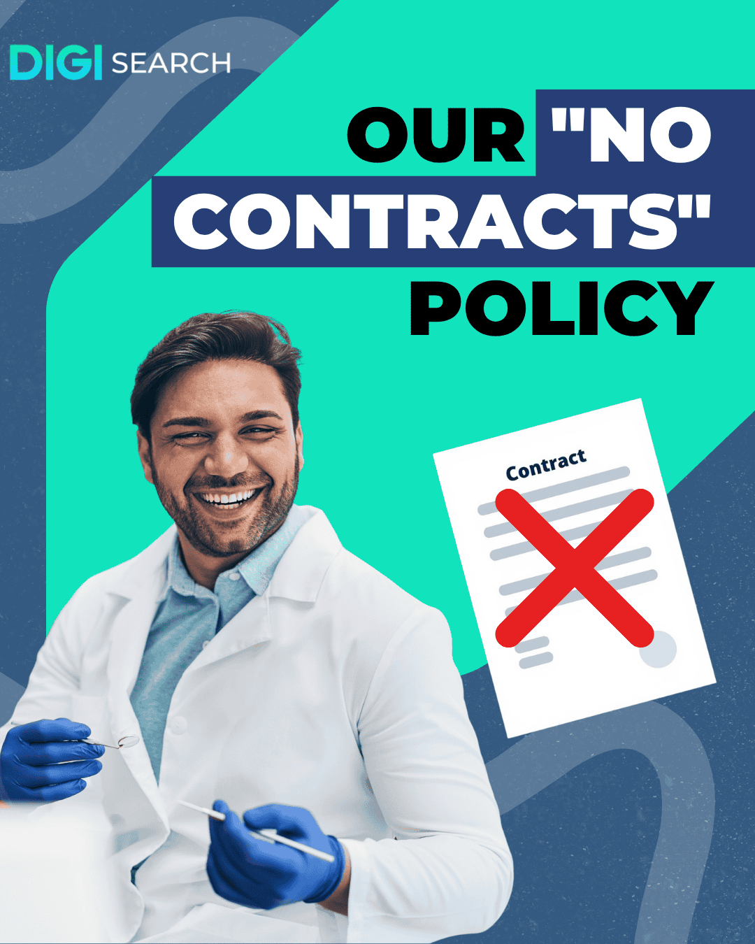 9 Company graphic announcing a 'No Contracts' policy, featuring a smiling clinician and a contract with a red X.