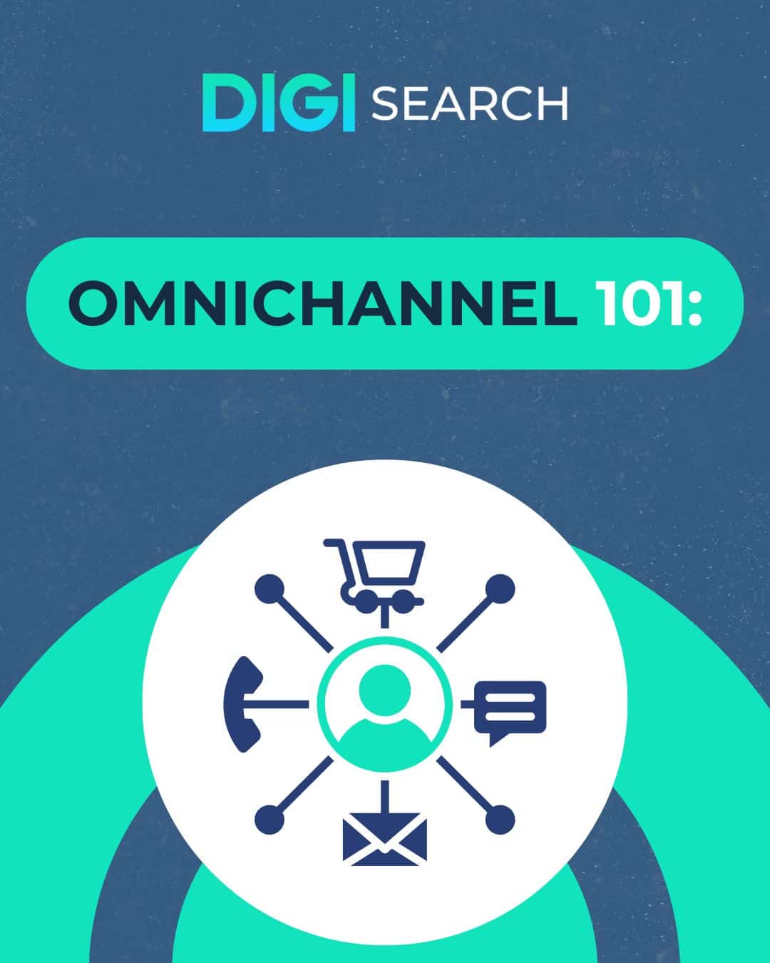 DigiSearch cover: teal rounded banner reads OMNICCHANNEL 101 with network icons around a central user circle in teal and navy on a textured blue background.