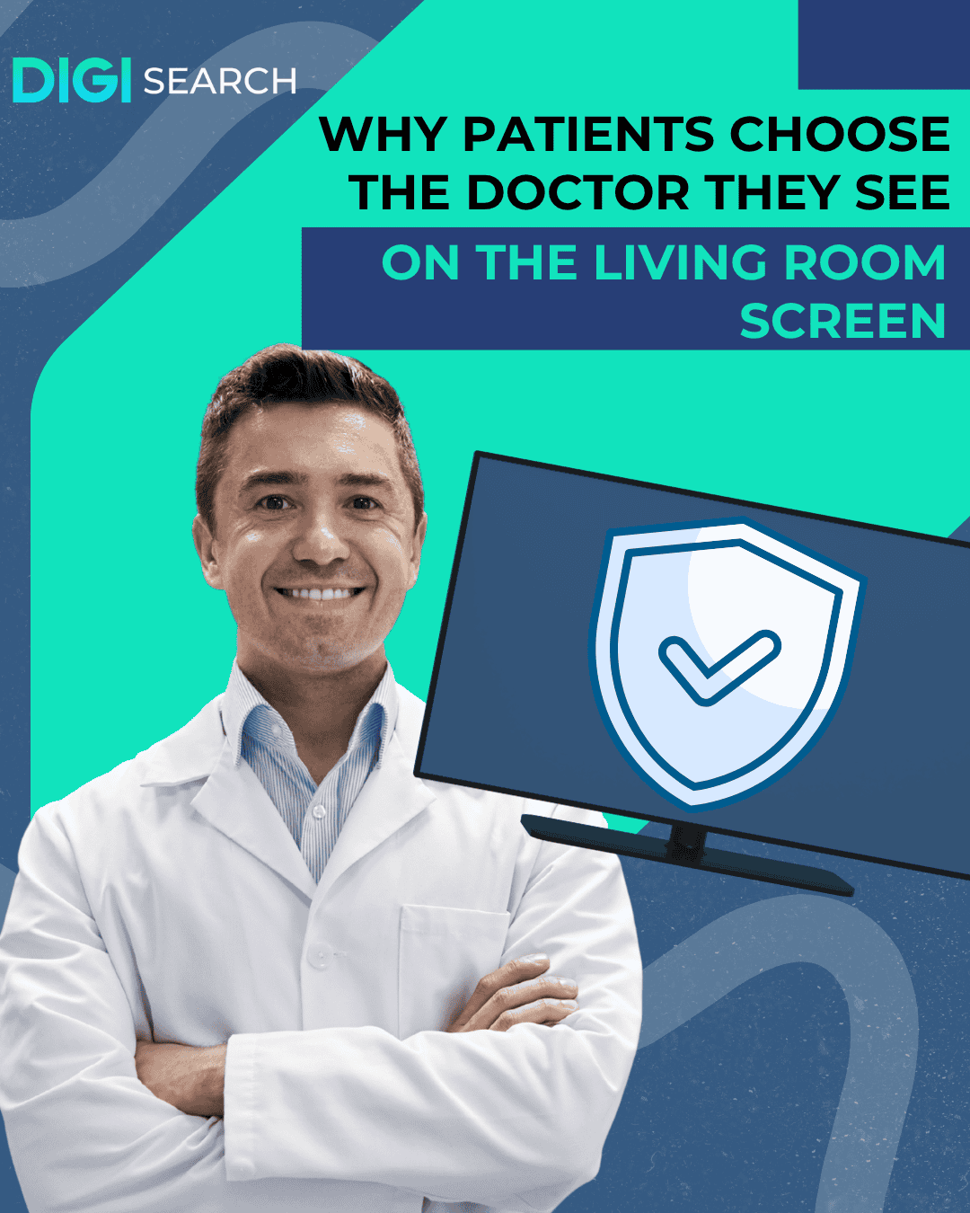 Doctor in a white coat smiles with arms crossed beside a computer screen displaying a shield icon on a teal and navy background.