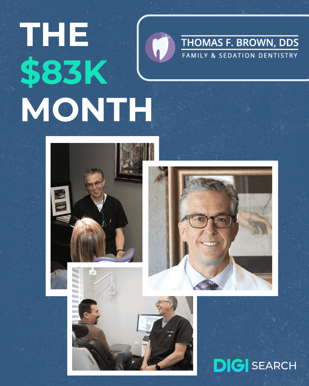 Promotional collage announcing 'The $83K Month' for a dental practice with the Thomas F. Brown DDS logo and team photos.