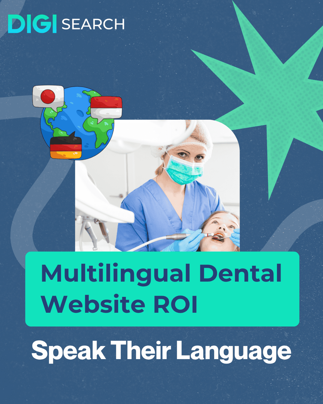 Copy of digisear_social 8 Digi Search promo banner: a dentist treats a patient with a teal panel reading 'Multilingual Dental Website ROI' and 'Speak Their Language'.