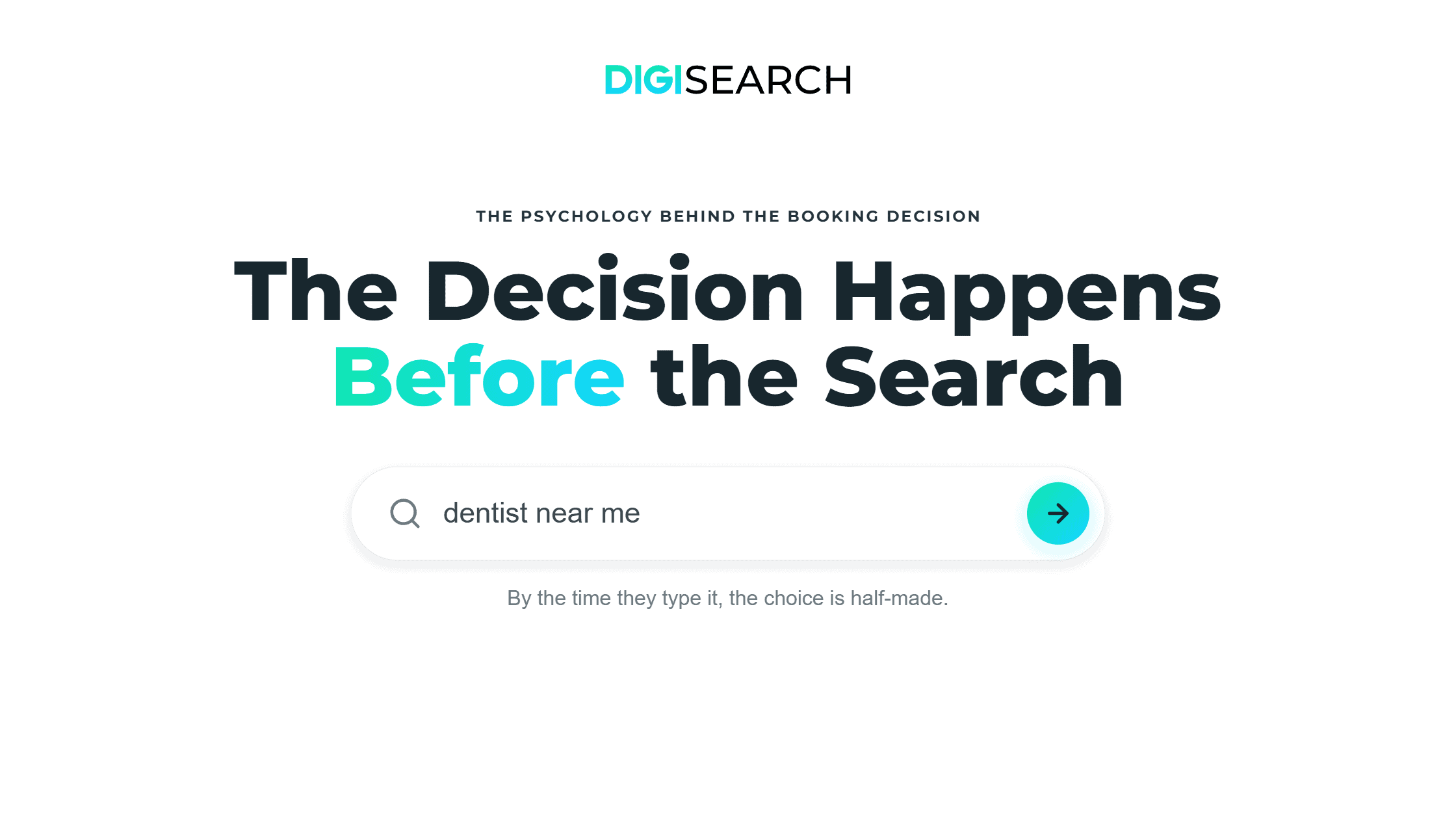 Digisearch hero: bold headline 'The Decision Happens Before the Search' with teal emphasis on 'Before' and a rounded search bar showing 'dentist near me'