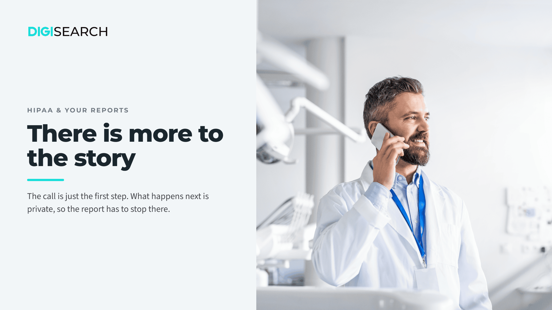 DIGI-HIPAA-landscape-2240×1260 Bearded doctor in a white lab coat talks on a cellphone in a modern clinic, with bold headline text on the left side about the story.