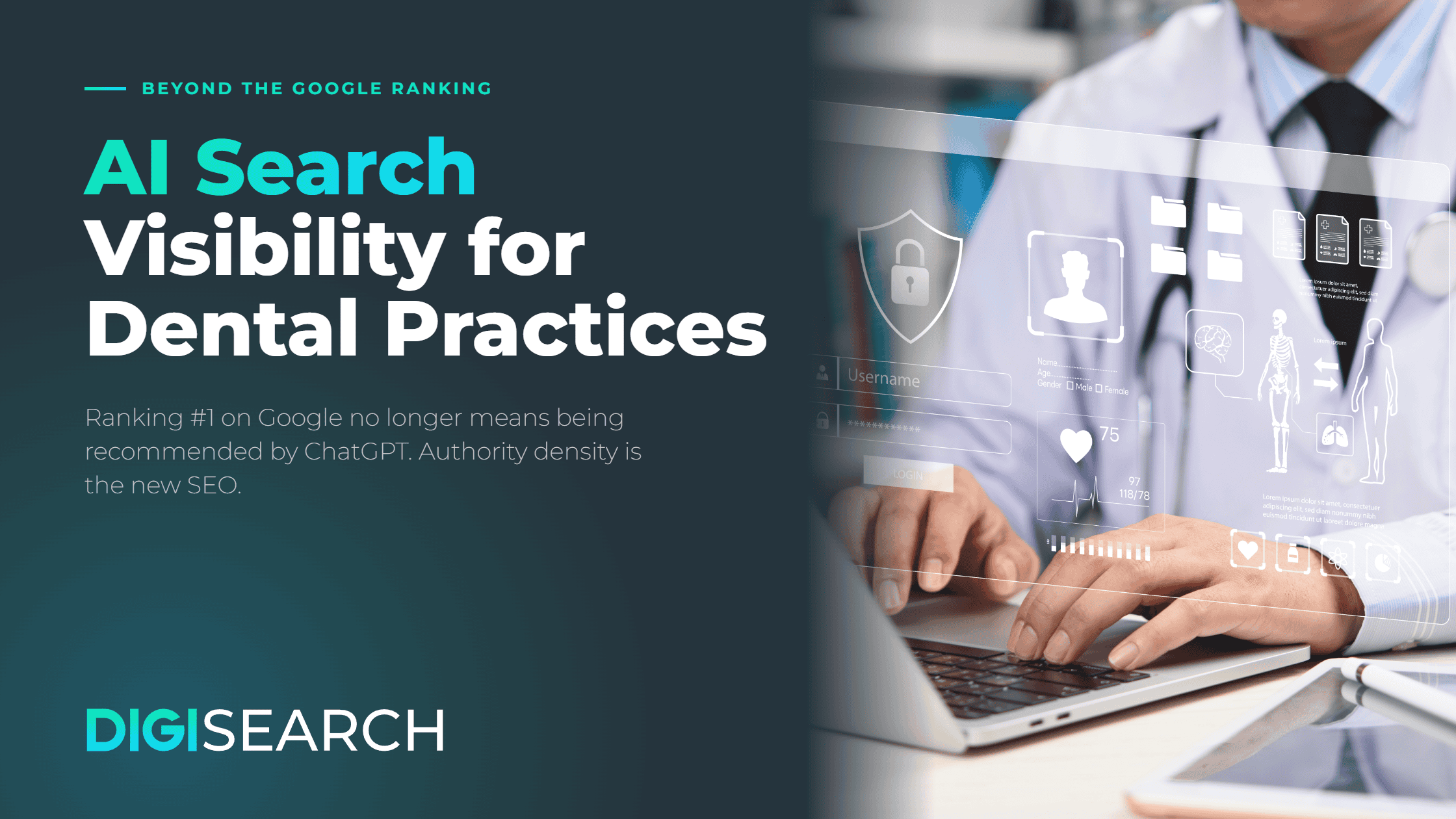 ai-search-visibility-landscape-2240×1260 Hero banner: bold title 'AI Search Visibility for Dental Practices' with a clinician using a futuristic holographic UI on the right.