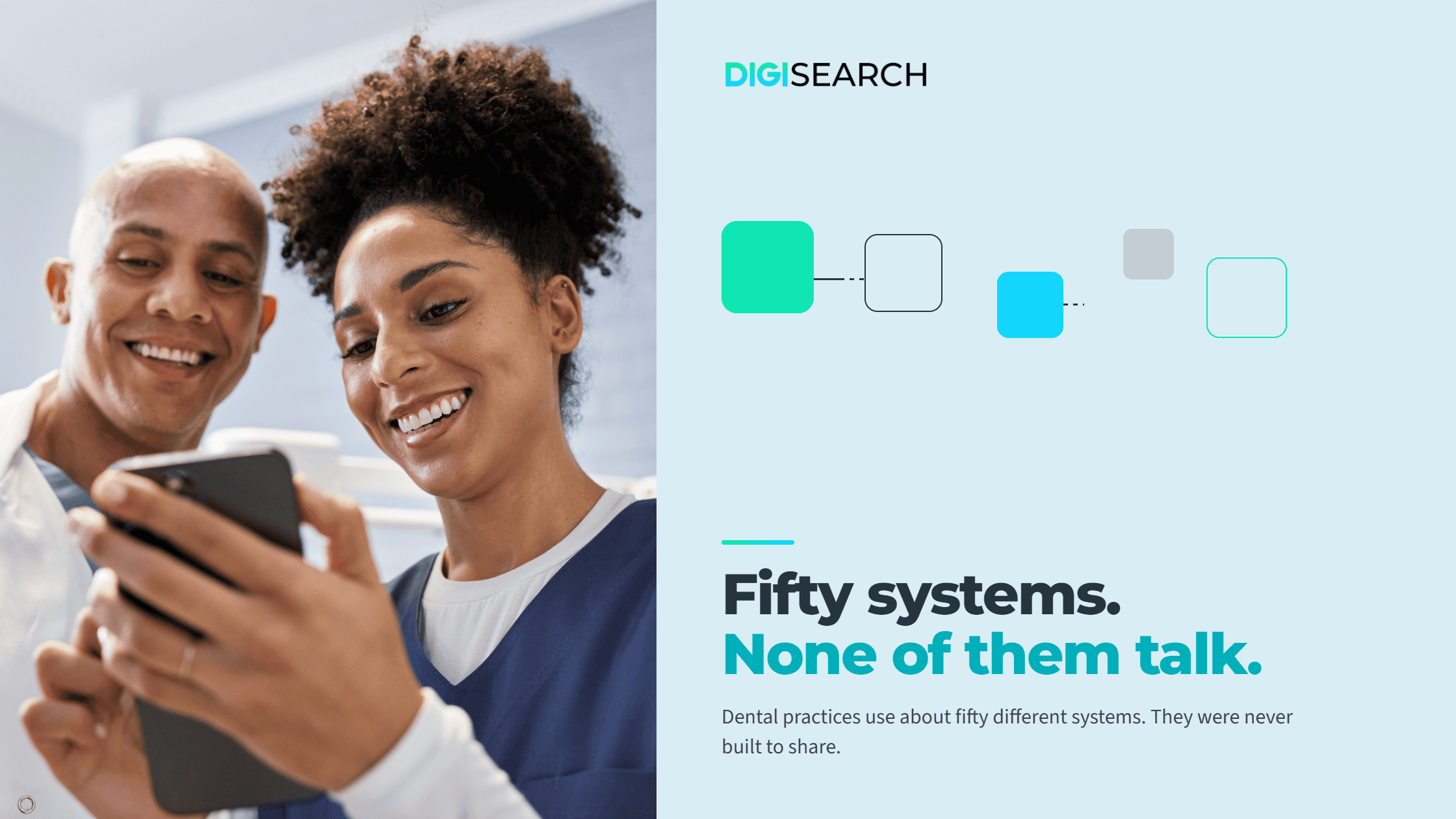Two smiling healthcare professionals looking at a smartphone together.