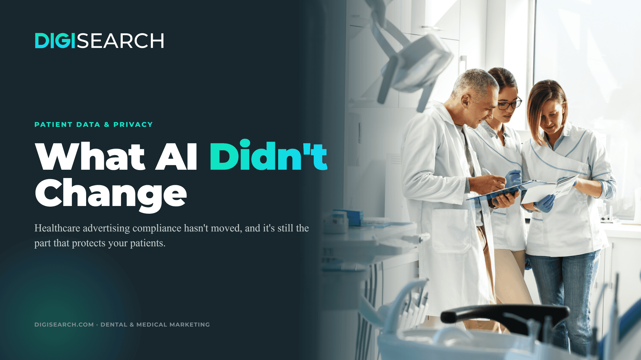 compliance-blog-2240×1260 Healthcare team in white coats reviewing documents beside a dark blue banner reading 'What AI Didn’t Change'.