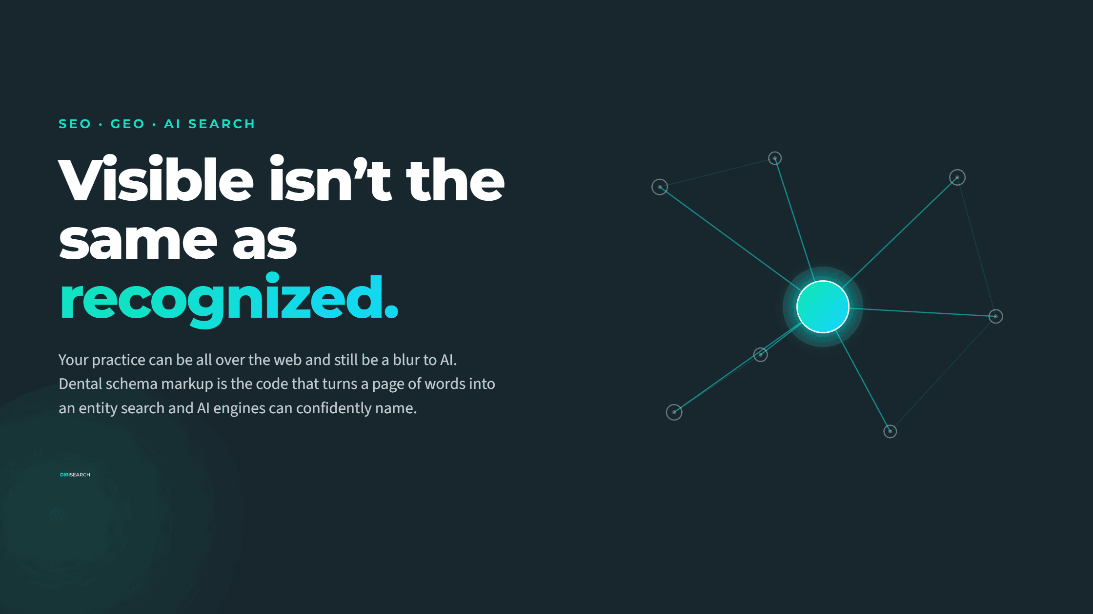 dental-schema-markup-2240×1260 Bold dark banner featuring the headline “Visible isn’t the same as recognized” on the left, with a glowing turquoise center and network lines on the right.