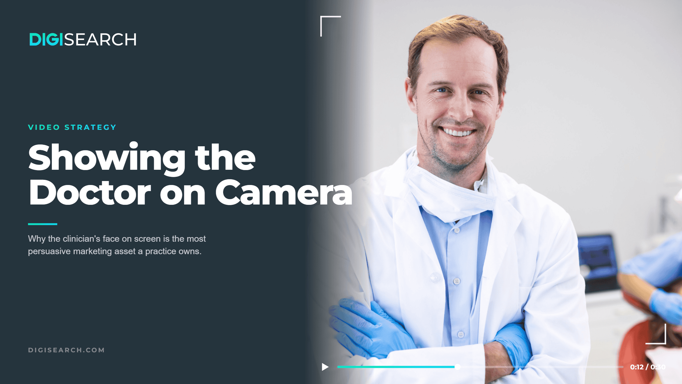 Smiling doctor in a white lab coat on camera, with a dark blue left panel and the title 'Showing the Doctor on Camera'.