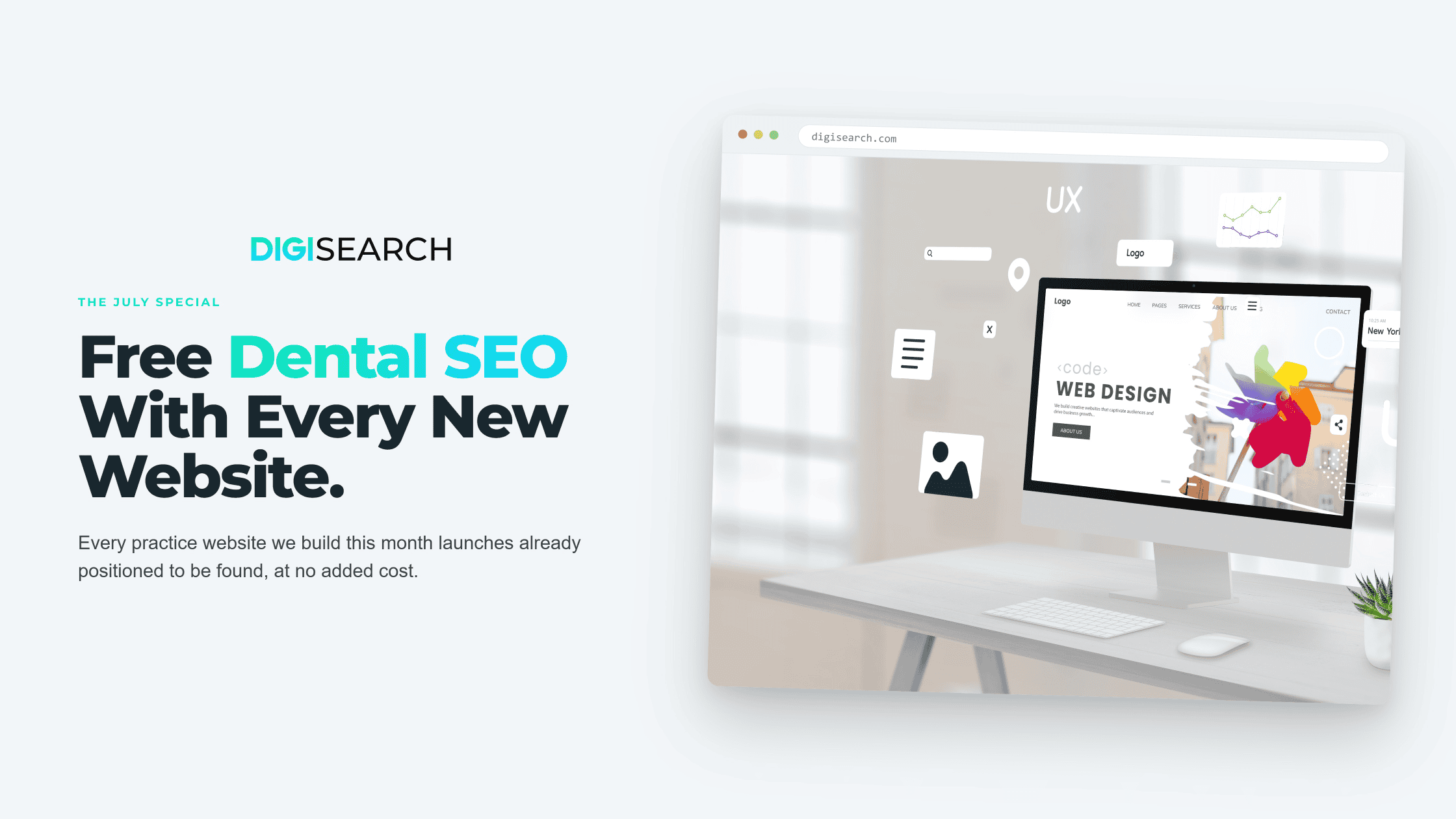 free-dental-seo-2240×1260 Marketing hero: DigiSearch logo and bold headline 'Free Dental SEO With Every New Website' on a pale blue background, with a tilted desktop monitor showing a web-design mockup on the right.
