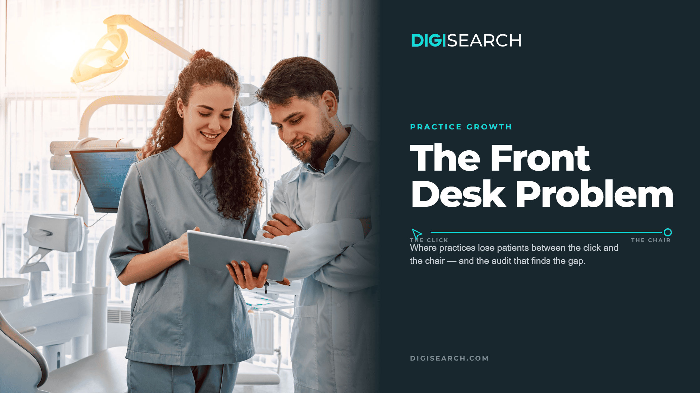 front-desk-problem-2240×1260 Two dental professionals in scrubs review a tablet in a bright dental clinic setting.