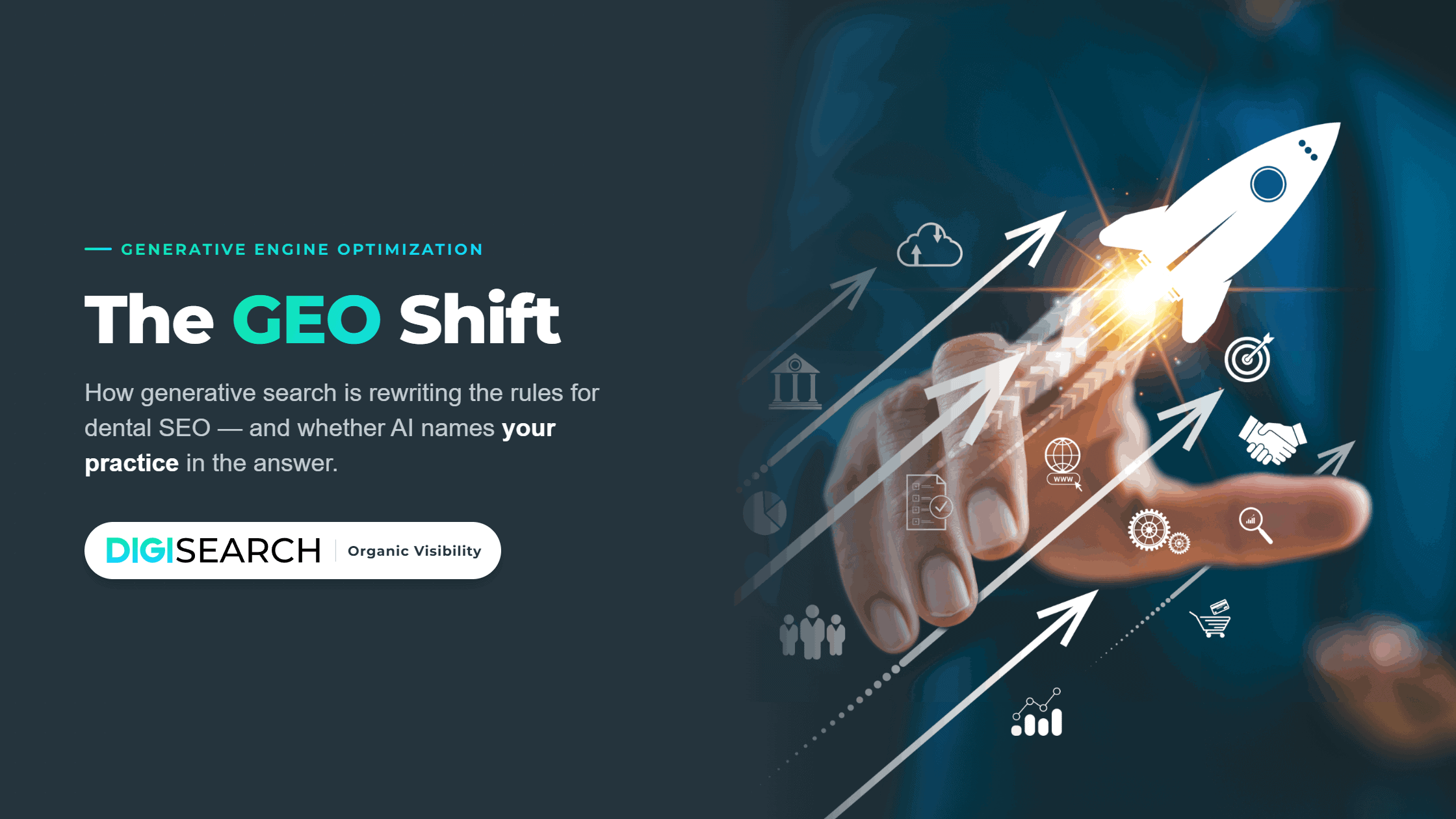 Hero banner with the title 'The GEO Shift' in white and teal, a rocket launching and upward arrows to symbolize rapid generative search optimization and growth.
