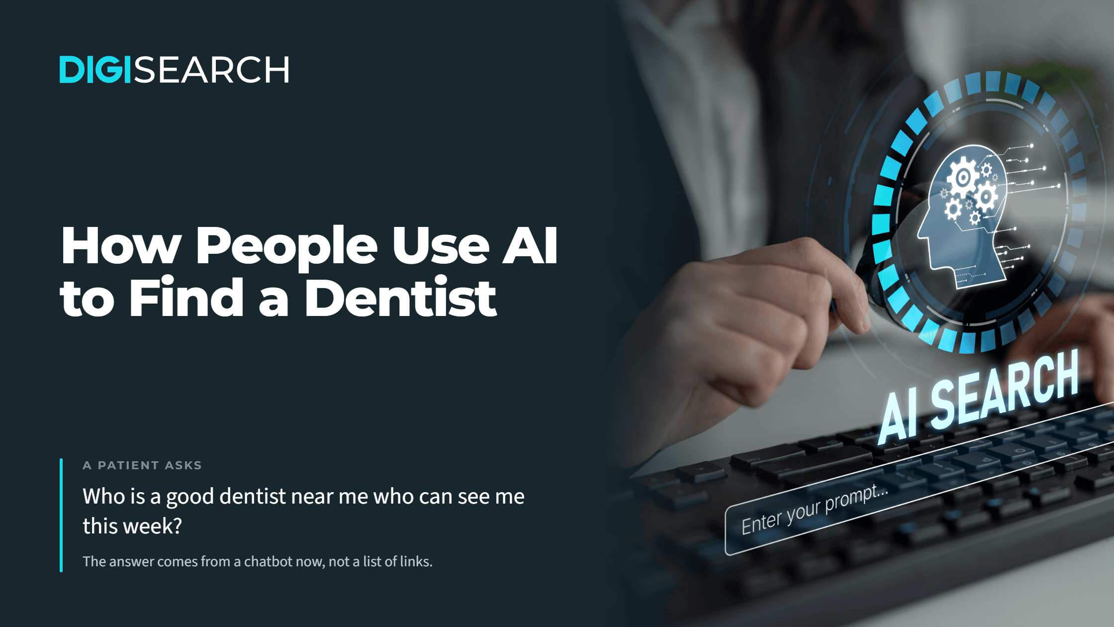 ai-patient-search-header-2240×1260 DIGISEARCH banner showing the headline 'How People Use AI to Find a Dentist' with a hand typing and a holographic AI graphic on the right side.