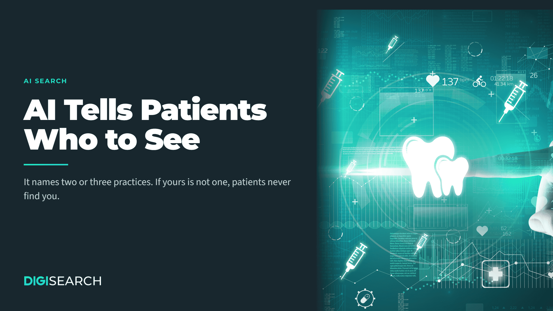 geo-blog-header-2240×1260 Hero banner with headline 'AI Tells Patients Who to See' on the left and a teal medical infographic background on the right.
