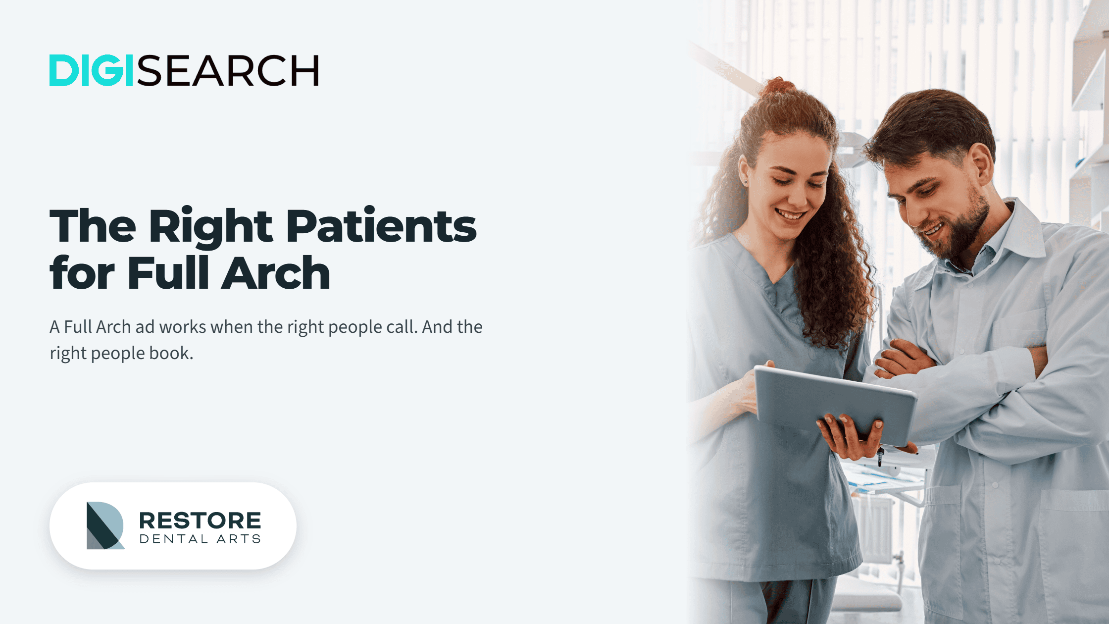 restore-full-arch-blog-header-2240×1260 DIGISEARCH logo on the left with two dental professionals reviewing a tablet in a bright clinic on the right.