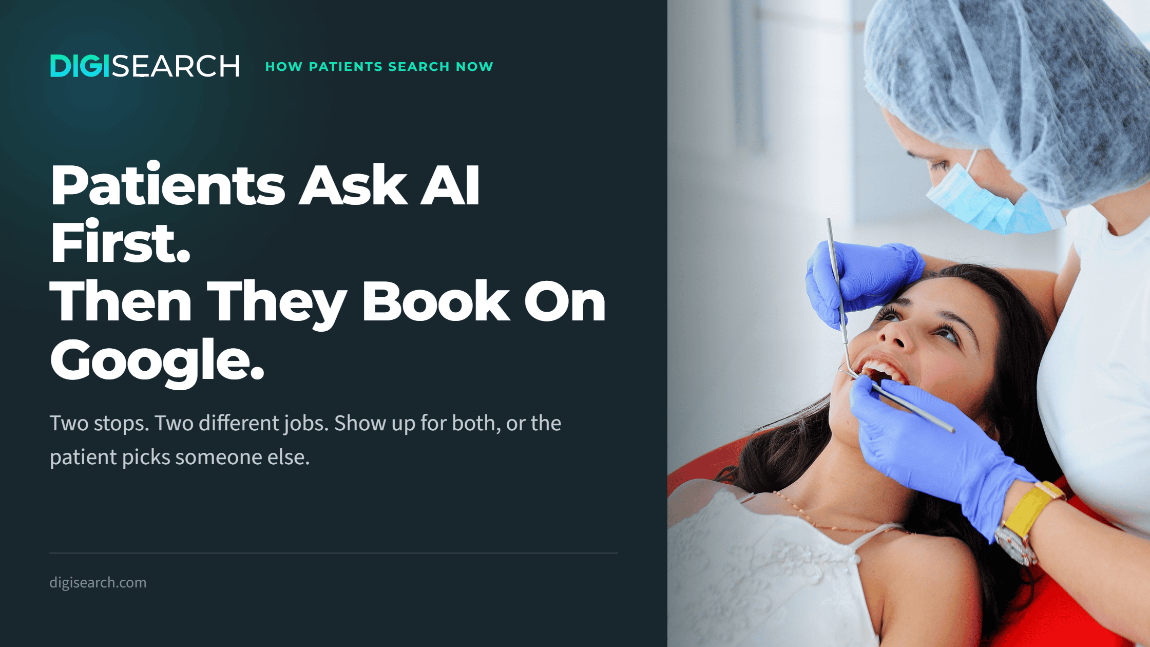 DIGISEARCH hero banner with bold headline 'Patients Ask AI First. Then They Book On Google.' and a dentist treating a patient on the right side against a dark left panel backdrop.